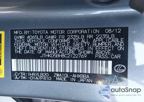 2012 Lexus Ct 200H Premium from USA, damaged, VIN JTHKD5BH8C2122769